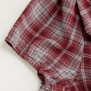 Plaid Sweetheart Neck Puff Sleeve Metal Detail Blouse