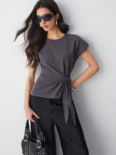 Knit Wool-blend Twist Knotted Short Sleeve Top