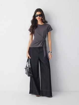 Knit Wool-blend Twist Knotted Short Sleeve Top