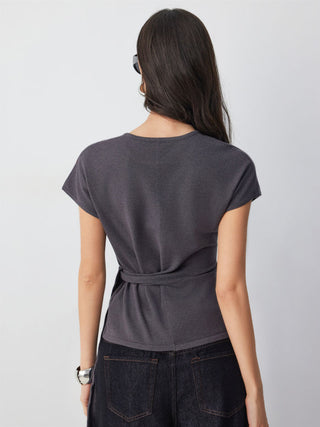 Knit Wool-blend Twist Knotted Short Sleeve Top