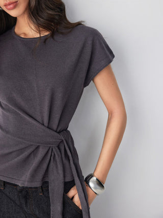 Knit Wool-blend Twist Knotted Short Sleeve Top