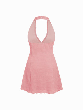 Textured Halter Neck Lace Trim A-line Mini Dress