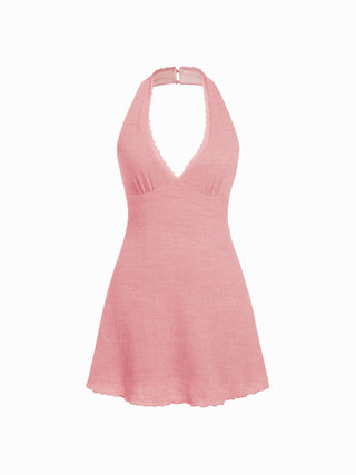 Textured Halter Neck Lace Trim A-line Mini Dress