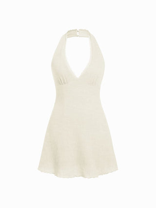 Textured Halter Neck Lace Trim A-line Mini Dress