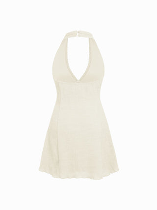 Textured Halter Neck Lace Trim A-line Mini Dress