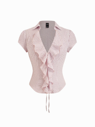 Cotton-blend Striped Ruffled Short Sleeve Blouse