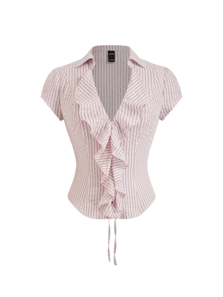 Cotton-blend Striped Ruffled Short Sleeve Blouse