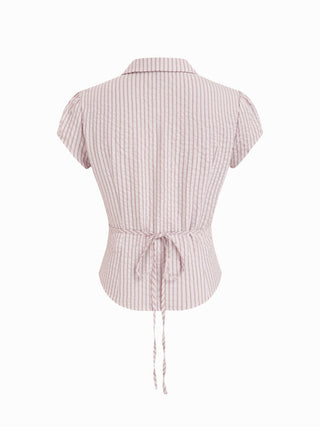Cotton-blend Striped Ruffled Short Sleeve Blouse