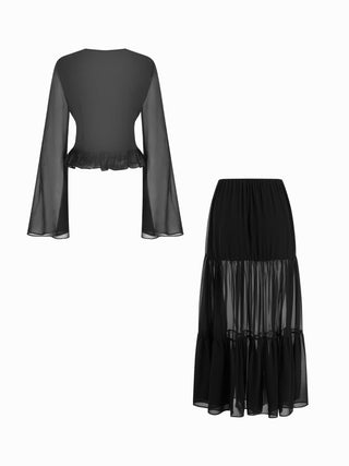Chiffon Lace V-neck Bell Sleeve Blouse & Mid Rise Tiered Maxi Skirt Set