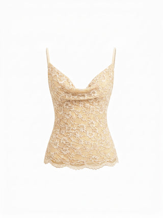 Lace Cowl Neck Ruffled Backless Cami Top With Chain