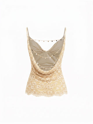 Lace Cowl Neck Ruffled Backless Cami Top With Chain