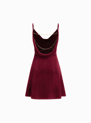 Cowl Neck Backless Chain Ruched Detail Cami Mini Dress