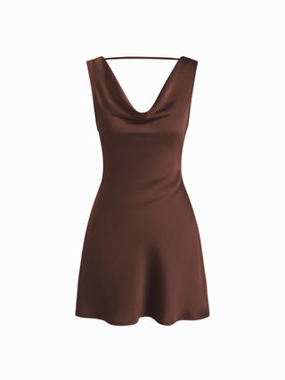 Satin Cowl Neck Backless Metal Detail A-line Mini Dress