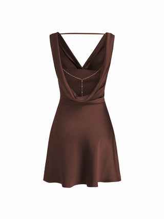 Satin Cowl Neck Backless Metal Detail A-line Mini Dress
