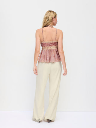 Cotton-blend Mid Rise Lace Trim Oversized Wide Leg Trousers
