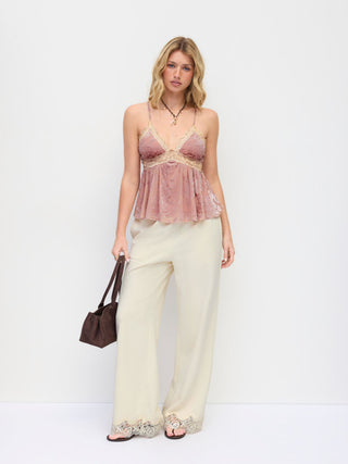 Cotton-blend Mid Rise Lace Trim Oversized Wide Leg Trousers