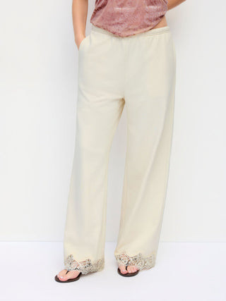 Cotton-blend Mid Rise Lace Trim Oversized Wide Leg Trousers