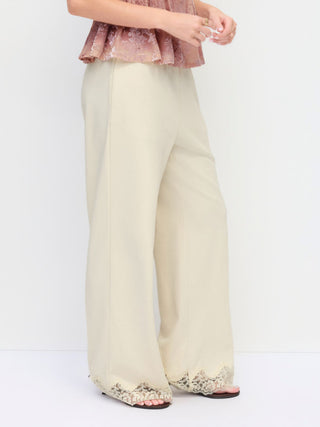 Cotton-blend Mid Rise Lace Trim Oversized Wide Leg Trousers