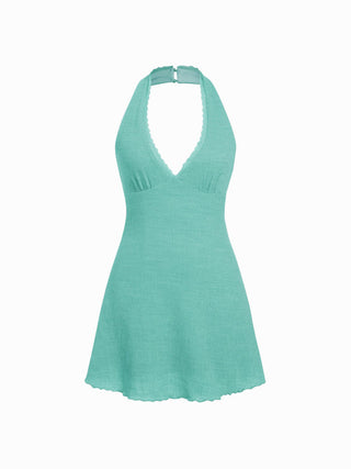 Textured Halter Neck Lace Trim A-line Mini Dress