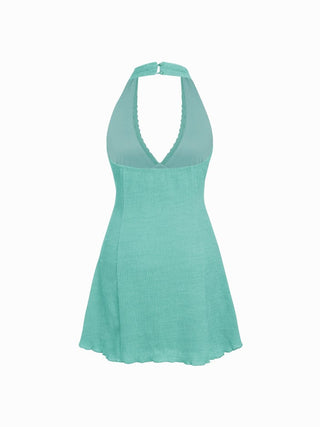 Textured Halter Neck Lace Trim A-line Mini Dress