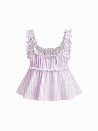 Cotton-blend Stripe Drawstring Ruffle Hem Tank Top & Low Rise Drawstring Trousers Loungewear Set