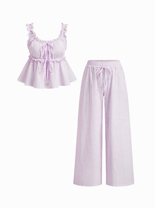 Cotton-blend Stripe Drawstring Ruffle Hem Tank Top & Low Rise Drawstring Trousers Loungewear Set