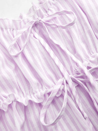 Cotton-blend Stripe Drawstring Ruffle Hem Tank Top & Low Rise Drawstring Trousers Loungewear Set