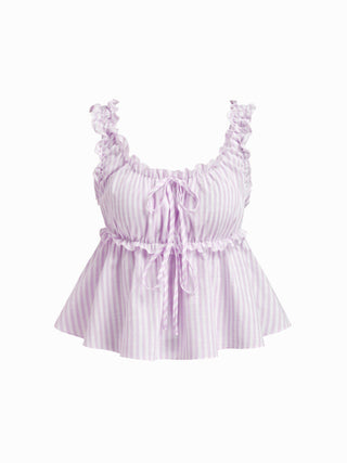 Cotton-blend Stripe Drawstring Ruffle Hem Tank Top & Low Rise Drawstring Trousers Loungewear Set