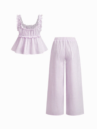 Cotton-blend Stripe Drawstring Ruffle Hem Tank Top & Low Rise Drawstring Trousers Loungewear Set