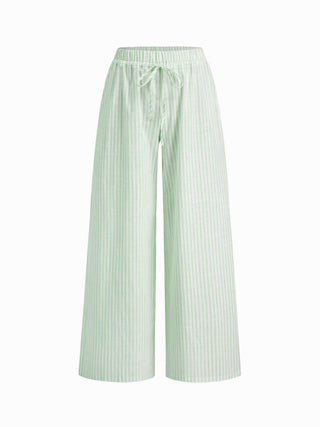 Cotton-blend Stripe Drawstring Ruffle Hem Tank Top & Low Rise Drawstring Trousers Loungewear Set