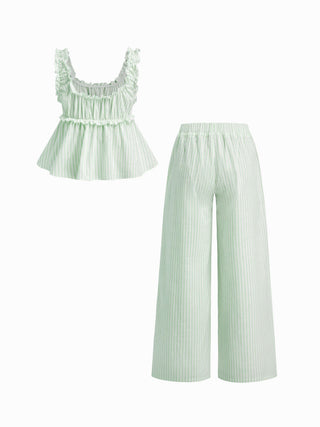 Cotton-blend Stripe Drawstring Ruffle Hem Tank Top & Low Rise Drawstring Trousers Loungewear Set
