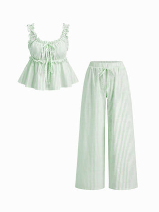 Cotton-blend Stripe Drawstring Ruffle Hem Tank Top & Low Rise Drawstring Trousers Loungewear Set