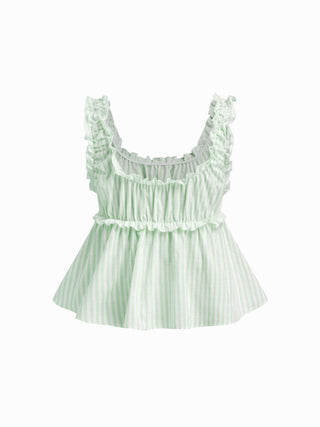 Cotton-blend Stripe Drawstring Ruffle Hem Tank Top & Low Rise Drawstring Trousers Loungewear Set