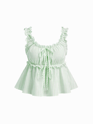 Cotton-blend Stripe Drawstring Ruffle Hem Tank Top & Low Rise Drawstring Trousers Loungewear Set