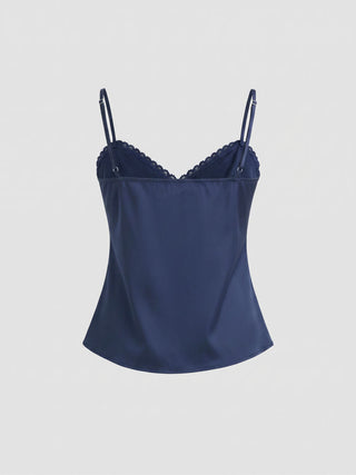 Sweetheart Neckline Polka Dot Lace Trim Knotted Cami Top