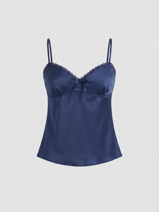 Sweetheart Neckline Polka Dot Lace Trim Knotted Cami Top