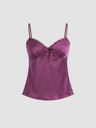 Sweetheart Neckline Polka Dot Lace Trim Knotted Cami Top