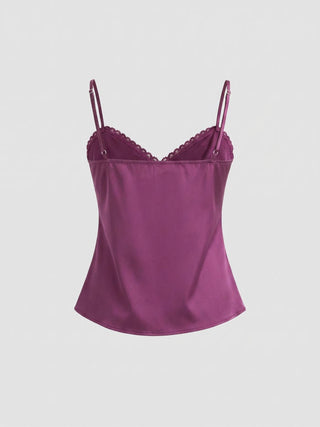 Sweetheart Neckline Polka Dot Lace Trim Knotted Cami Top