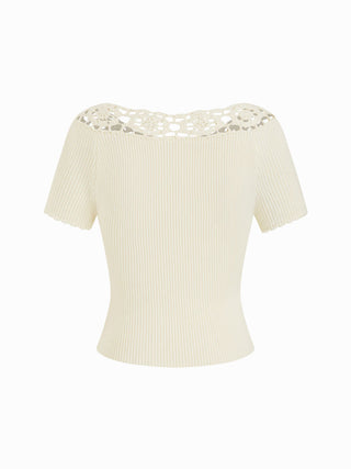 Knit Asymmetrical Neck Short Sleeve Hollow Out Top