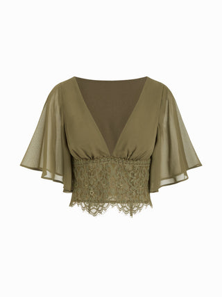 Chiffon V-neck Middle Bell Sleeve Guipure Lace Blouse