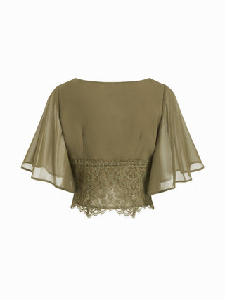 Chiffon V-neck Middle Bell Sleeve Guipure Lace Blouse