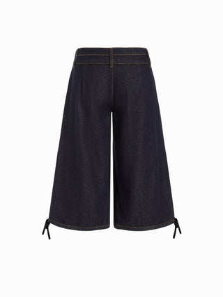 Washed Denim Low Rise Drawstring Hem Pleated Oversized Jogger Bermuda Jorts