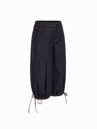 Washed Denim Low Rise Drawstring Hem Pleated Oversized Jogger Bermuda Jorts