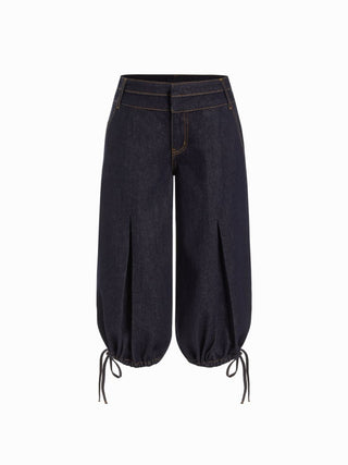 Washed Denim Low Rise Drawstring Hem Pleated Oversized Jogger Bermuda Jorts