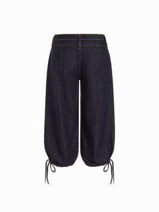 Washed Denim Low Rise Drawstring Hem Pleated Oversized Jogger Bermuda Jorts