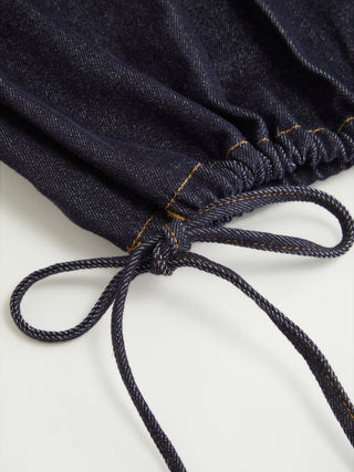 Washed Denim Low Rise Drawstring Hem Pleated Oversized Jogger Bermuda Jorts