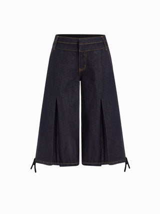 Washed Denim Low Rise Drawstring Hem Pleated Oversized Jogger Bermuda Jorts