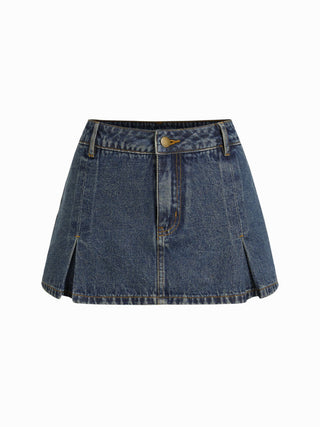 Washed Denim Split Low Rise A-line Mini Skort