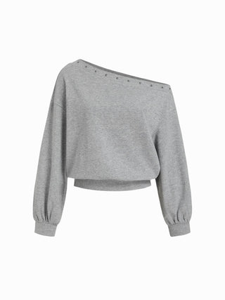 Cotton-blend Asymmetrical Neck Metal Detail Super Oversized Sweatshirt
