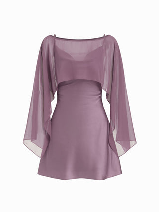 Sheer Boat Neck Cape Top & Satin High Rise Mini Dress Set